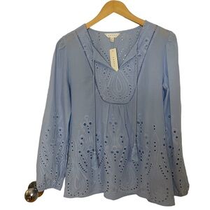 NWT Adiva Blue Cotton Boho Long Sleeve Embroidered Eyelet Blouse Medium